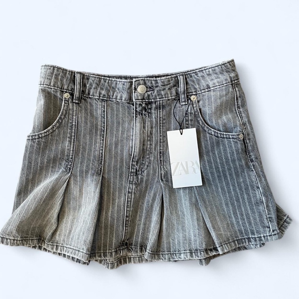 NWT Zara Gray denim striped pleated mini skirt schoolgirl grunge alt